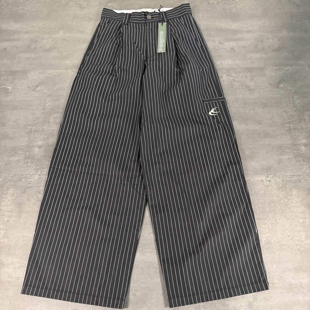 Scuffers Pinstripe Pants Men 32 Black Wide Leg Pleated Streetwear Trousers NEW
